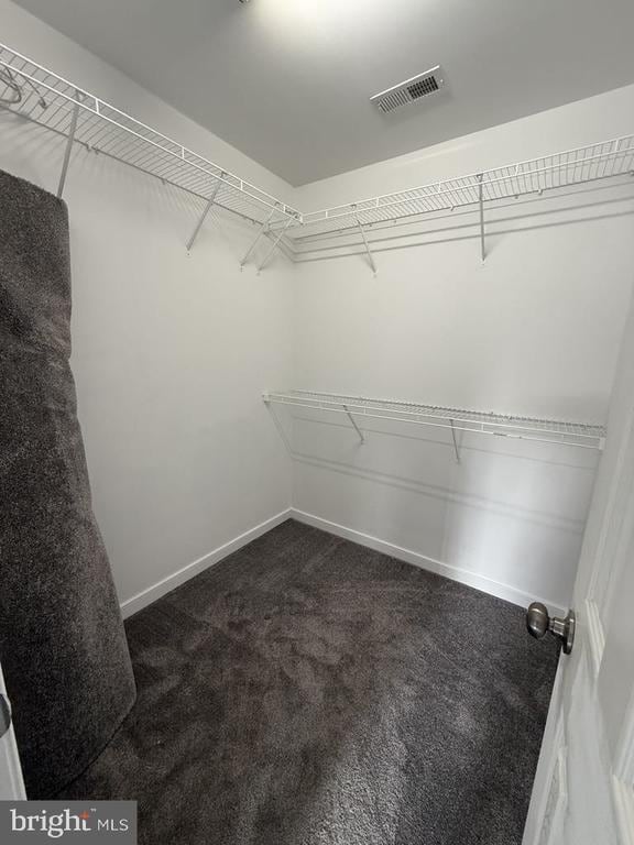 walk in closet with visible vents and dark carpet