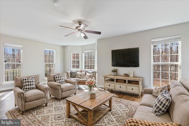 living room featuring a wealth of natural light, baseboards, ceiling fan, and wood finished floors