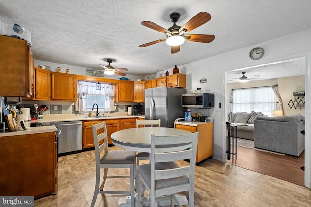 kitchen featuring sink, a textured ceiling, a healthy amount of sunlight, and appliances with stainless steel finishes