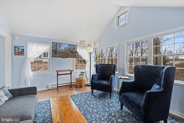 living area with wood-type flooring, high vaulted ceiling, and baseboard heating