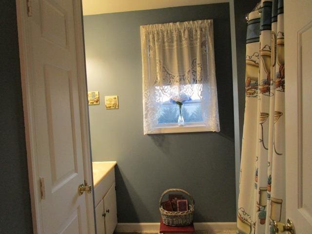 full bathroom with vanity and a shower with shower curtain