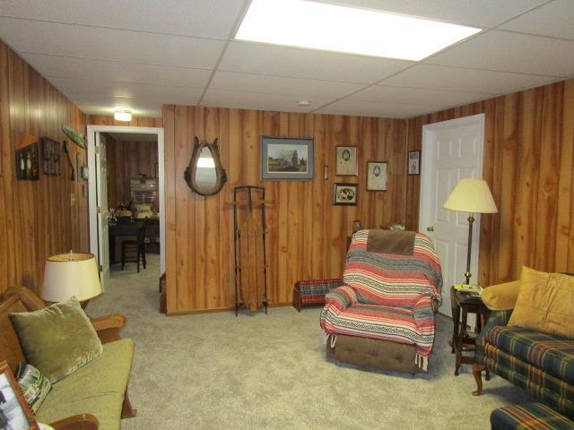 living room with carpet floors, a drop ceiling, and wooden walls