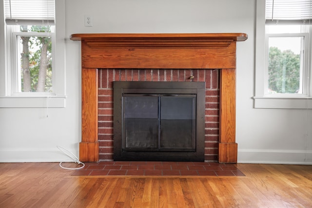 room details featuring hardwood / wood-style flooring and a fireplace