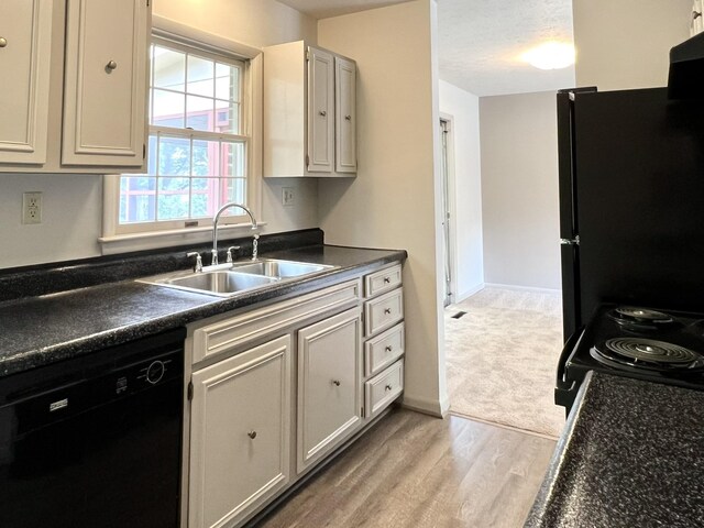 kitchen with sink, light hardwood / wood-style floors, and black appliances