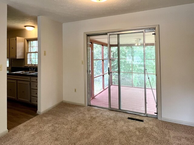 interior space featuring sink, a textured ceiling, and dark colored carpet