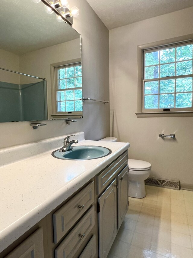 bathroom featuring a shower, vanity, and toilet