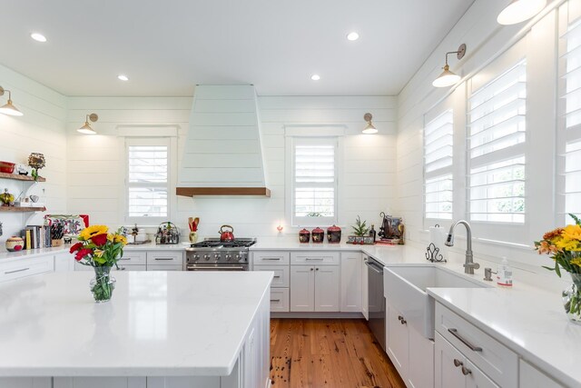 kitchen with sink, light hardwood / wood-style flooring, stainless steel appliances, white cabinets, and wall chimney exhaust hood