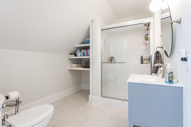 bathroom with lofted ceiling, toilet, an enclosed shower, and vanity