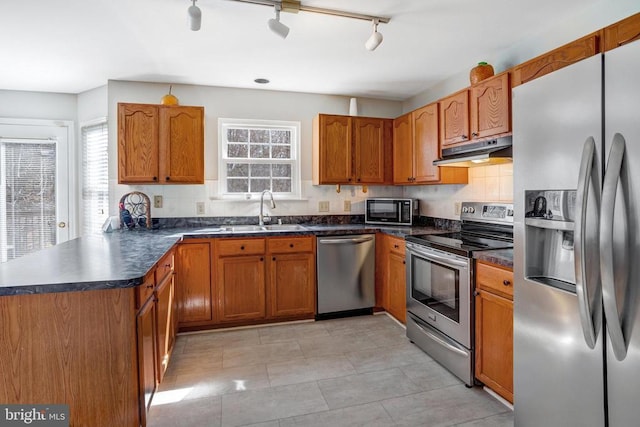 kitchen featuring under cabinet range hood, a peninsula, brown cabinetry, stainless steel appliances, and a sink