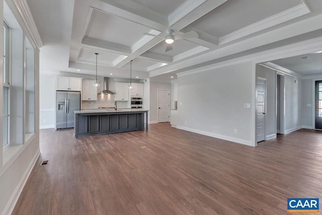 unfurnished living room with dark wood-type flooring, coffered ceiling, sink, ceiling fan, and beam ceiling