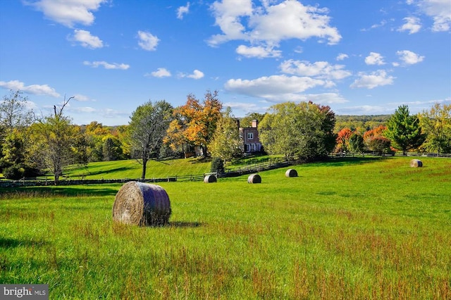 view of community with a lawn and a rural view