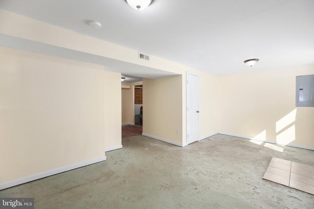 unfurnished room with electric panel, visible vents, baseboards, and concrete floors