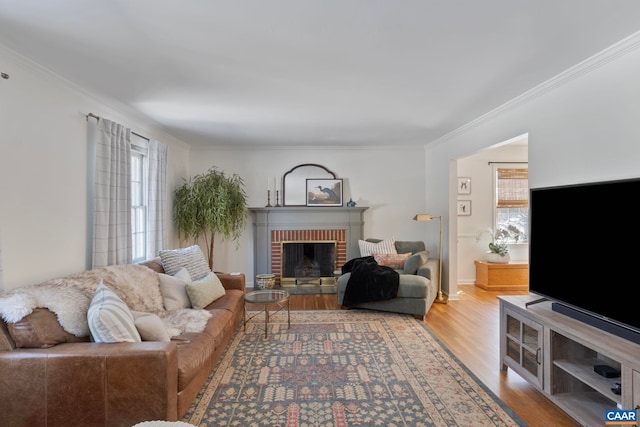 living room featuring a fireplace, ornamental molding, and wood finished floors