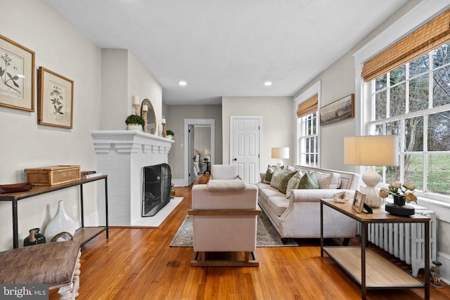 living room with plenty of natural light, radiator, a fireplace, and light hardwood / wood-style floors