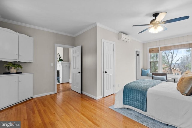 bedroom with ornamental molding, a wall unit AC, ceiling fan, and light wood-type flooring