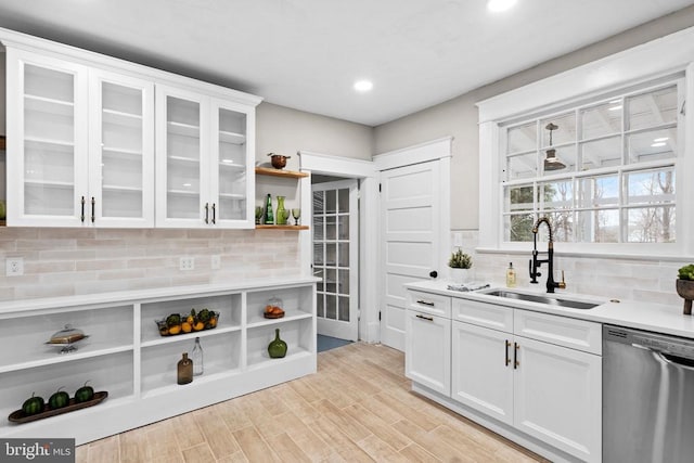 kitchen with sink, backsplash, stainless steel dishwasher, and white cabinets