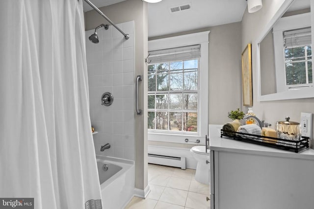 full bathroom with shower / tub combo with curtain, tile patterned flooring, a baseboard heating unit, vanity, and toilet