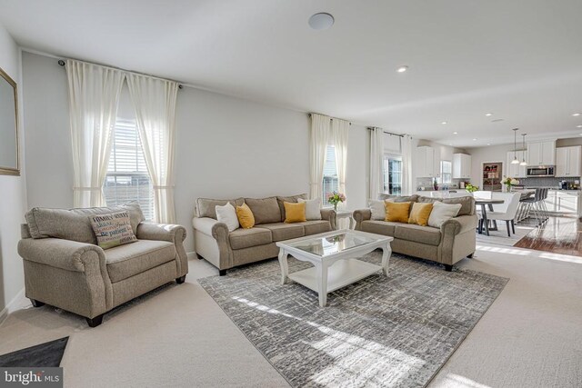 living room featuring light colored carpet