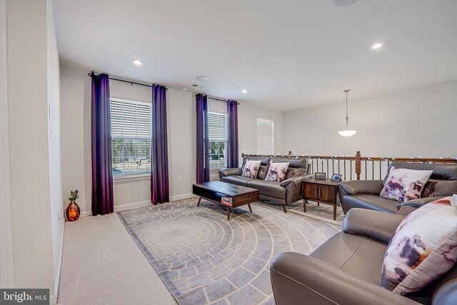 living room featuring light carpet