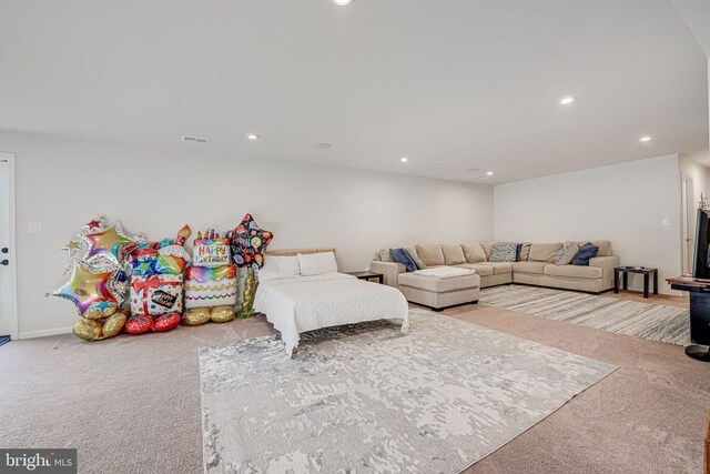 living room with light colored carpet