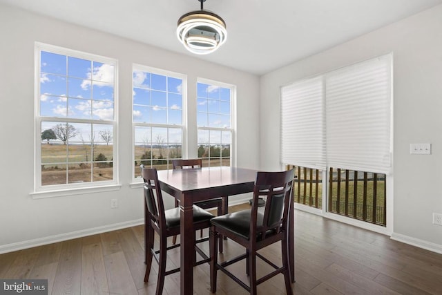 dining space featuring wood-type flooring, plenty of natural light, and baseboards