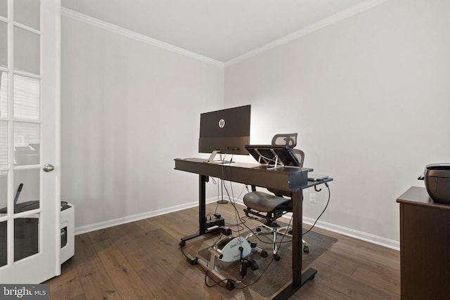 office area with wood-type flooring, baseboards, and crown molding