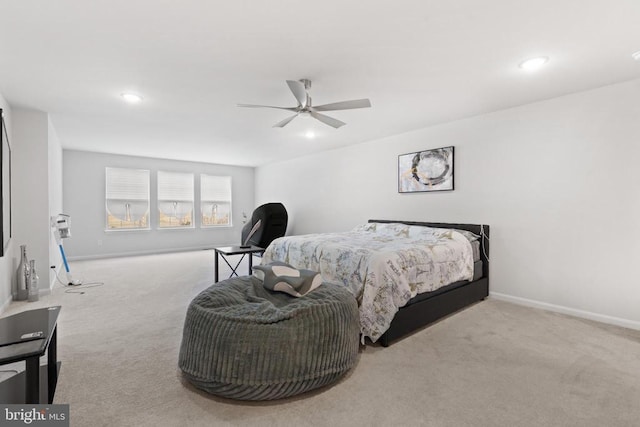 bedroom featuring carpet, baseboards, and recessed lighting