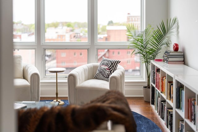 living area with baseboards, wood finished floors, and plenty of natural light