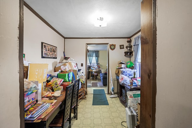 interior space with light floors and ornamental molding