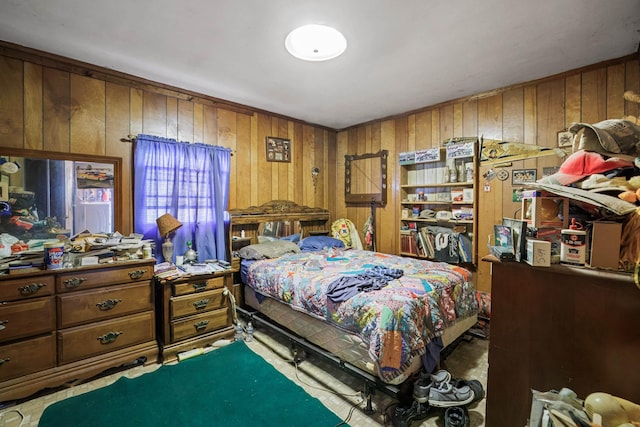 bedroom with wooden walls