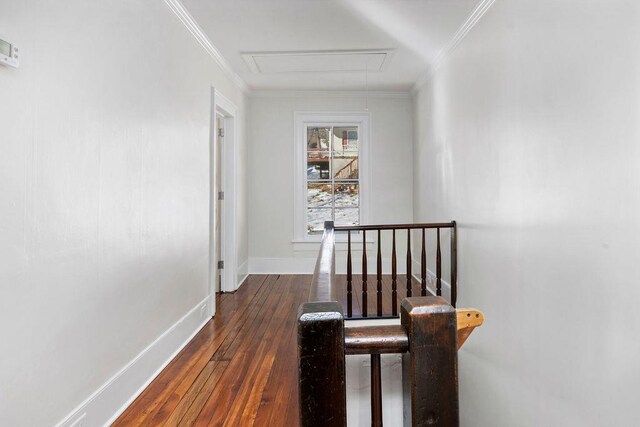 hall with crown molding and dark wood-type flooring