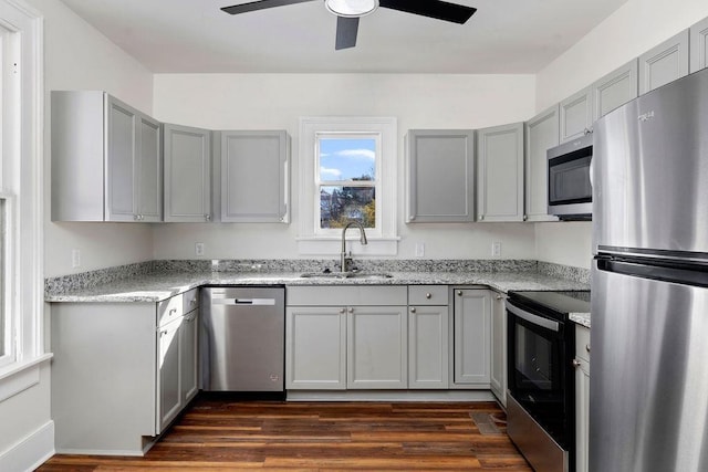 kitchen featuring light stone counters, stainless steel appliances, dark hardwood / wood-style flooring, and sink