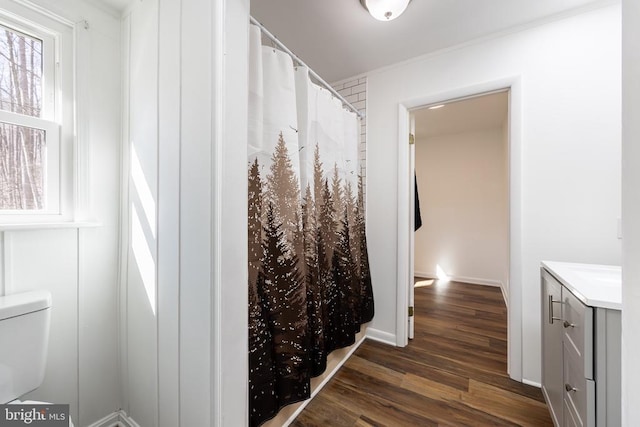 full bathroom with toilet, baseboards, wood finished floors, and vanity