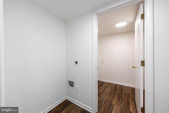 laundry room with hookup for a washing machine, laundry area, hookup for an electric dryer, and dark wood-style flooring