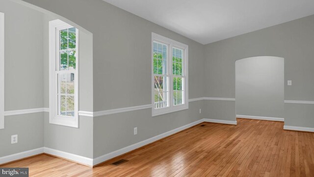 unfurnished room with plenty of natural light and light hardwood / wood-style floors