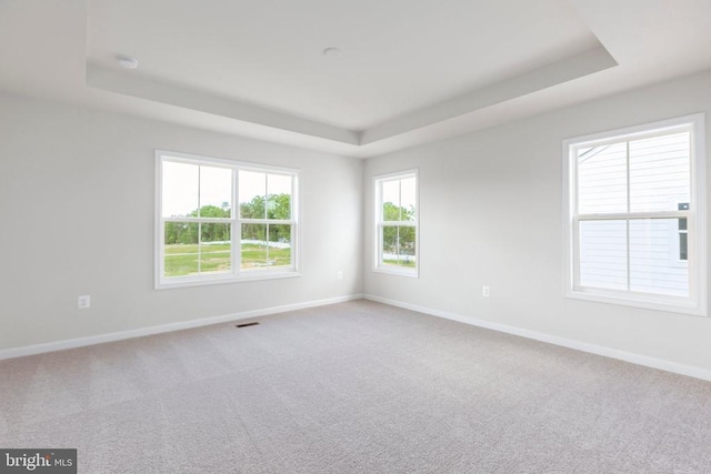 carpeted empty room featuring a tray ceiling