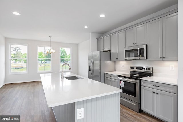 kitchen with gray cabinetry, sink, a center island with sink, and appliances with stainless steel finishes