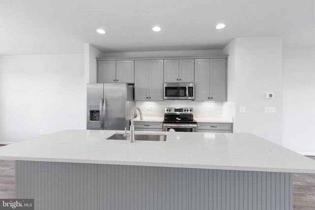 kitchen featuring sink, gray cabinets, stainless steel appliances, and a large island with sink