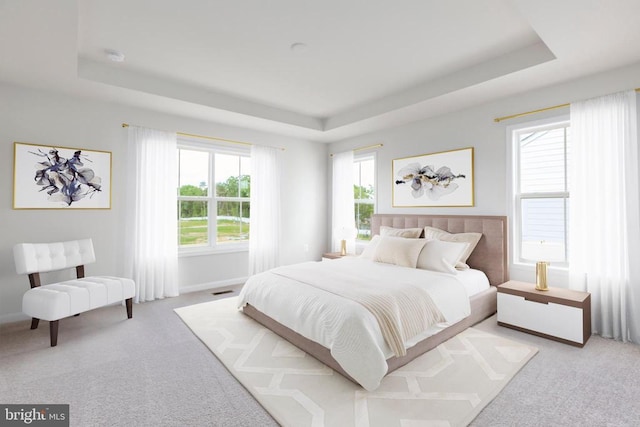 bedroom featuring a tray ceiling and light carpet