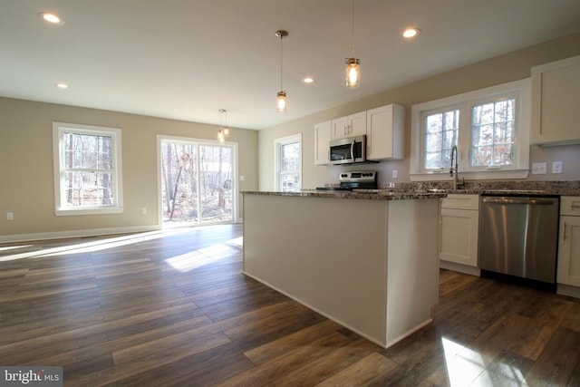 kitchen featuring a sink, dark wood-style flooring, a wealth of natural light, and stainless steel appliances