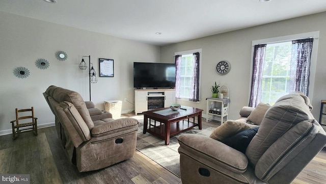 living room with baseboards, a healthy amount of sunlight, and wood finished floors