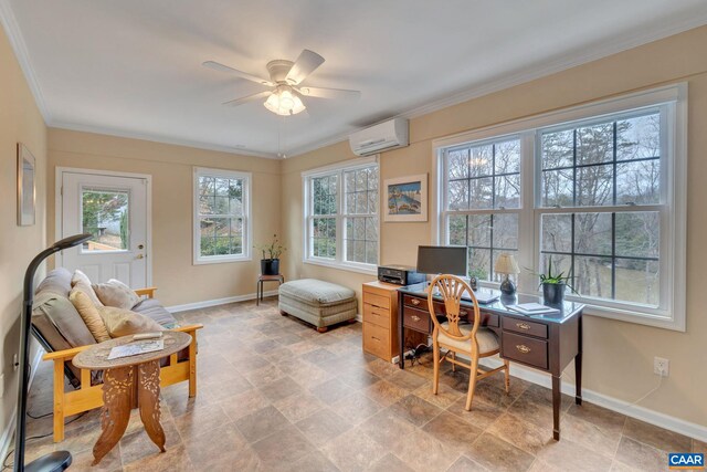 home office with baseboards, plenty of natural light, an AC wall unit, and a ceiling fan