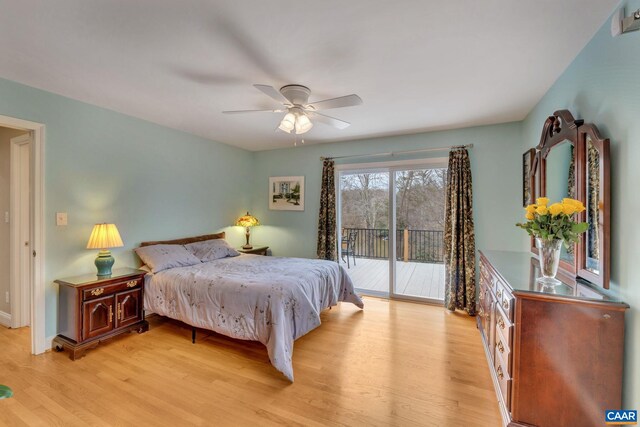 bedroom with a ceiling fan, access to outside, light wood-style flooring, and baseboards