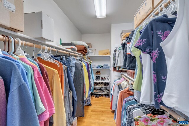 walk in closet with wood finished floors