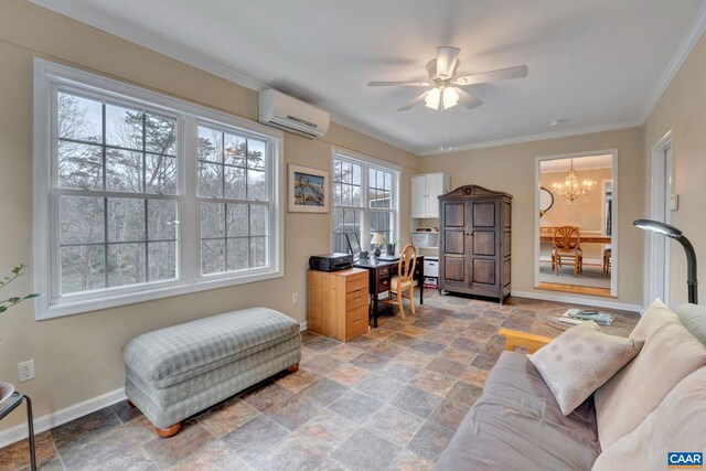 office space with a wall unit AC, baseboards, ornamental molding, stone finish flooring, and ceiling fan with notable chandelier