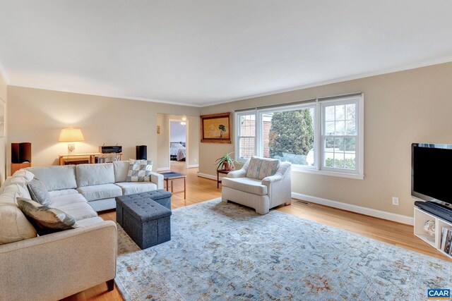 living area featuring light wood-style flooring, baseboards, and ornamental molding