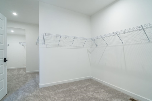 walk in closet featuring light colored carpet