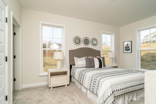 bedroom with light carpet