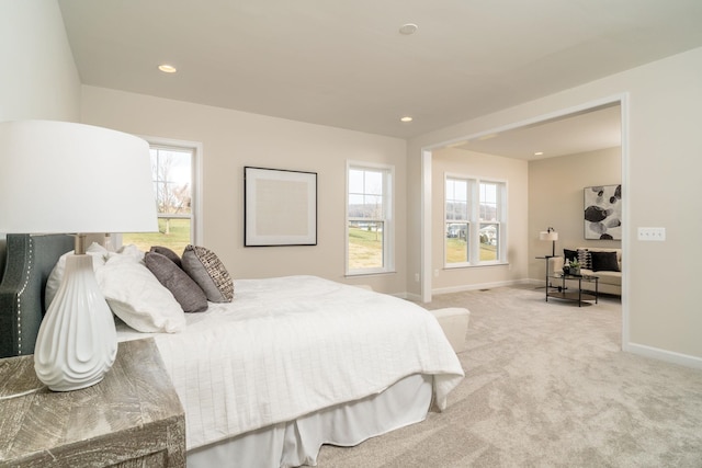 bedroom featuring multiple windows and light carpet