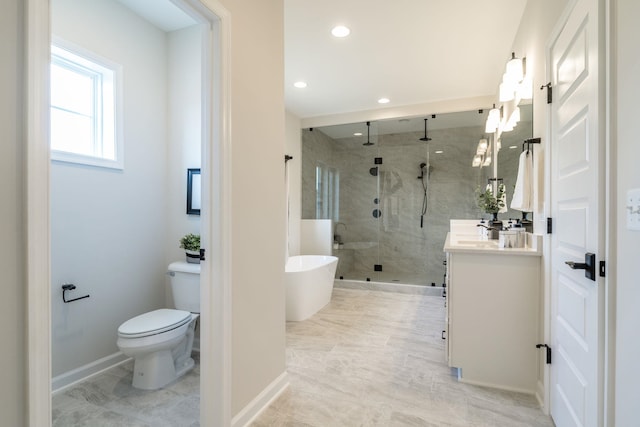 full bathroom with independent shower and bath, vanity, and toilet